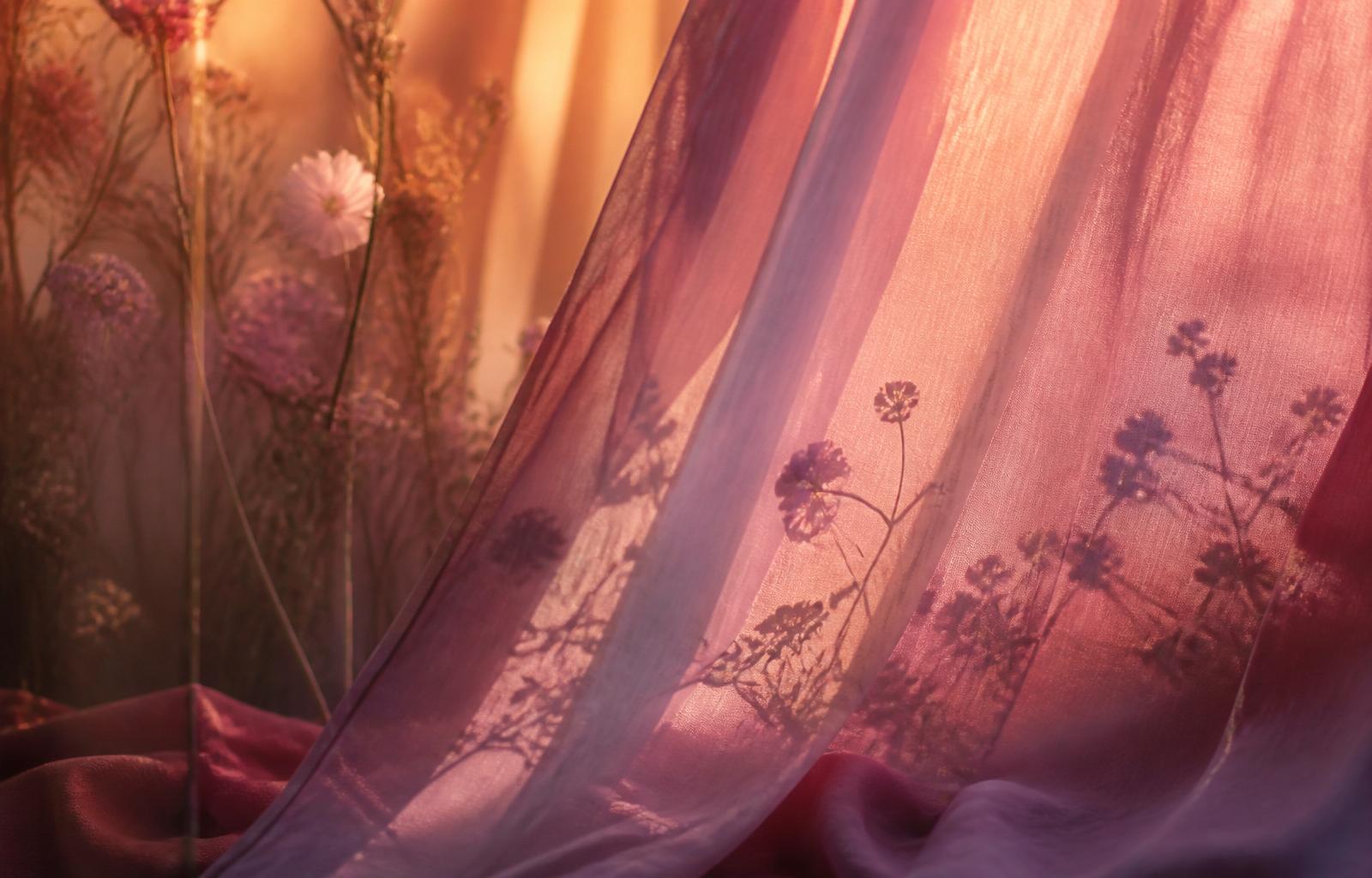 Softly lit leaves and flowing fabric evoking peace and renewal
